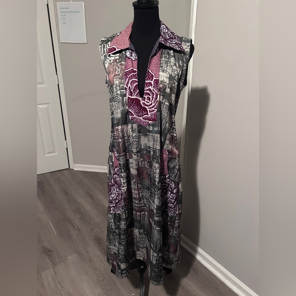 Vintage Abstract Patchwork Midi Dress Purple Gray Artsy Boho Size 14